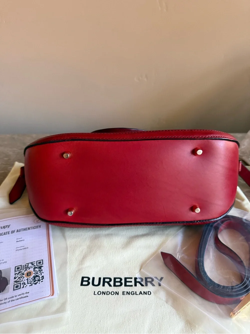 Burberry Red Leather Dome Satchel with Gold Hardware